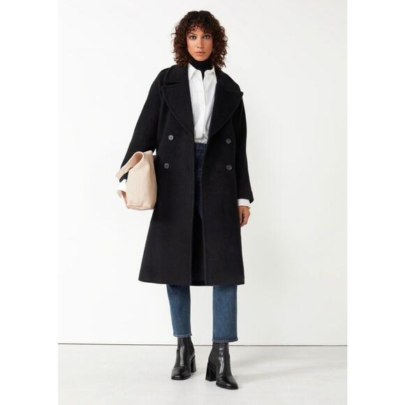 NWT & Other Stories Long Black Double Breasted Pea Coat Size 8 Wool Blend $259 - Picture 2 of 16